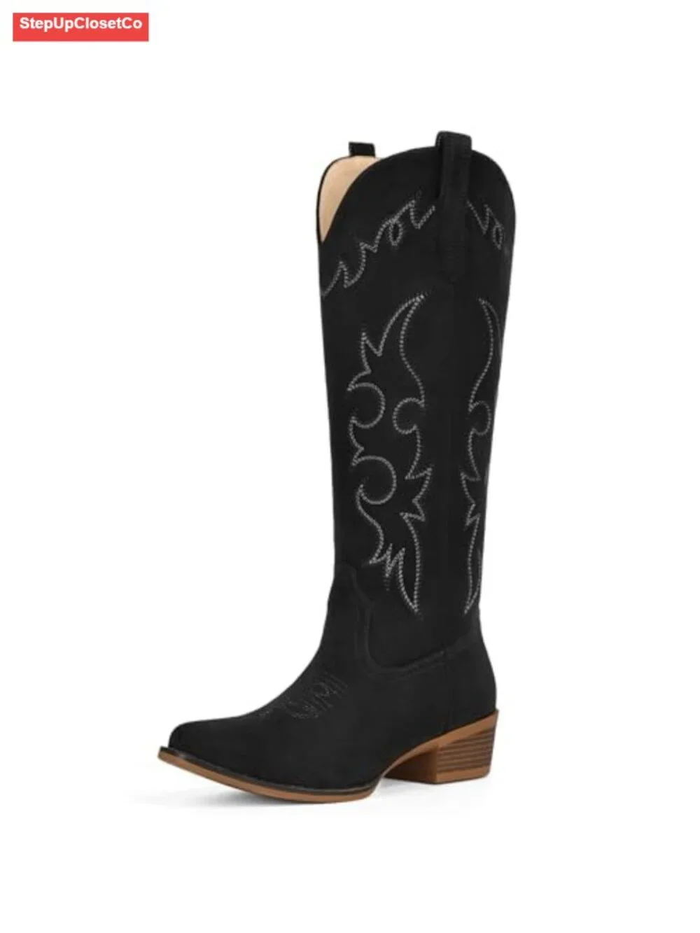 Women's Suede Cowboy Boots Knee High Western Cowgirl Floral Embroidery